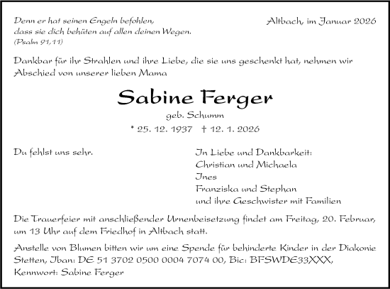 Traueranzeige von Sabine Ferger von Alb-Bote/Metzinger-Uracher Volksblatt