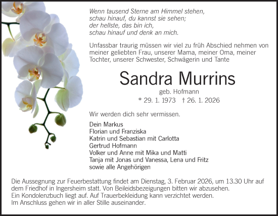 Traueranzeige von Sandra Murrins von Hohenloher Tagblatt