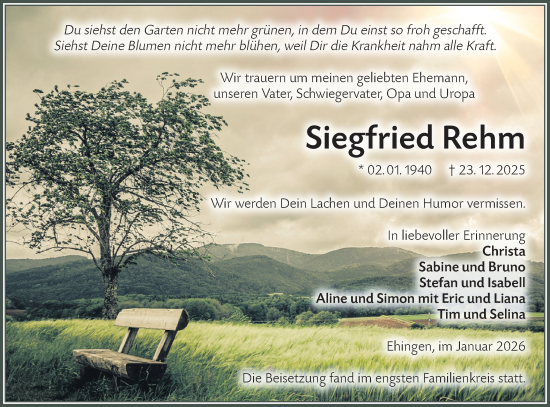 Traueranzeige von Siegfried Rehm von Ehinger Tagblatt