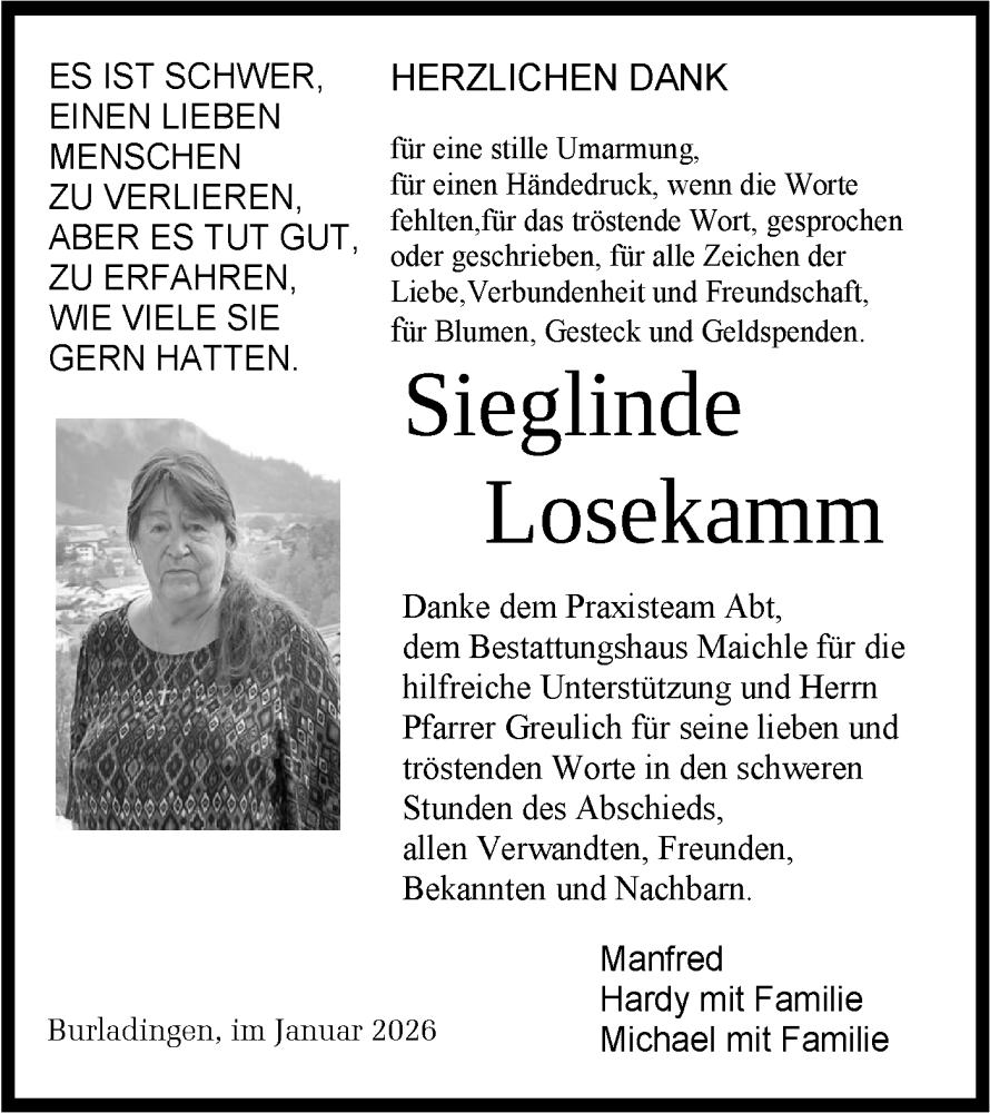  Traueranzeige für Sieglinde Losekamm vom 31.01.2026 aus SÜDWEST PRESSE Zollernalbkreis