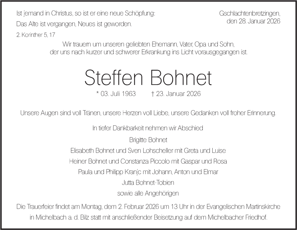  Traueranzeige für Steffen Bohnet vom 28.01.2026 aus Haller Tagblatt