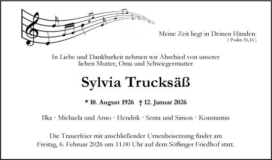 Traueranzeige von Sylvia Trucksäß von SÜDWEST PRESSE Ausgabe Ulm/Neu-Ulm/Ehingen