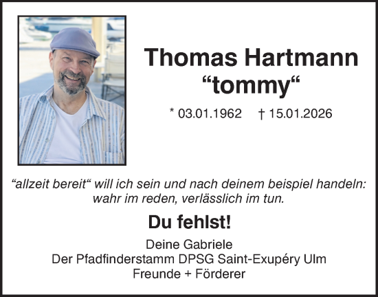 Traueranzeige von Thomas Hartmann von SÜDWEST PRESSE Ausgabe Ulm/Neu-Ulm/Ehingen