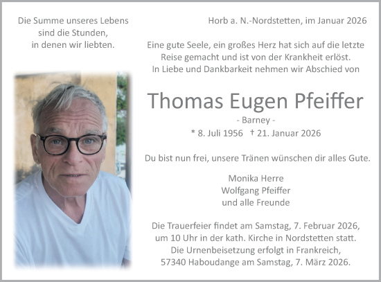 Traueranzeige von Thomas Eugen Pfeiffer von Neckar-Chronik