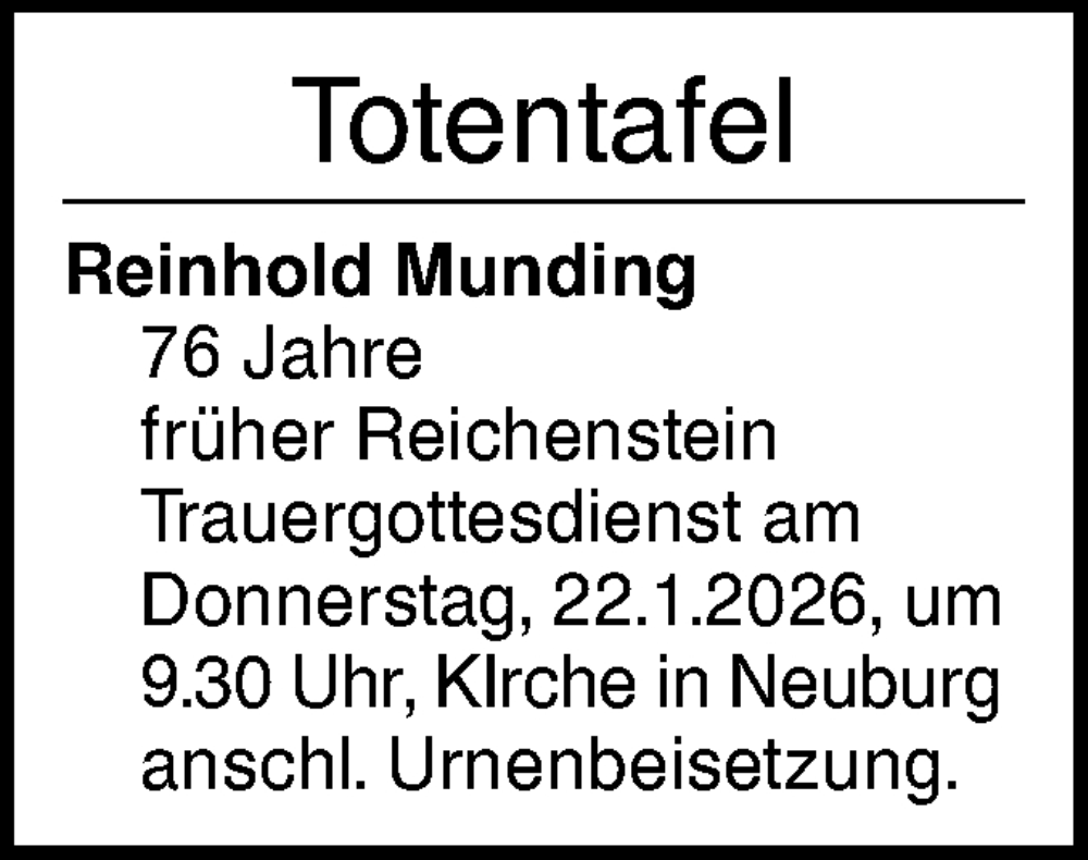  Traueranzeige für Totentafel vom 19.01.2026 vom 19.01.2026 aus Ehinger Tagblatt
