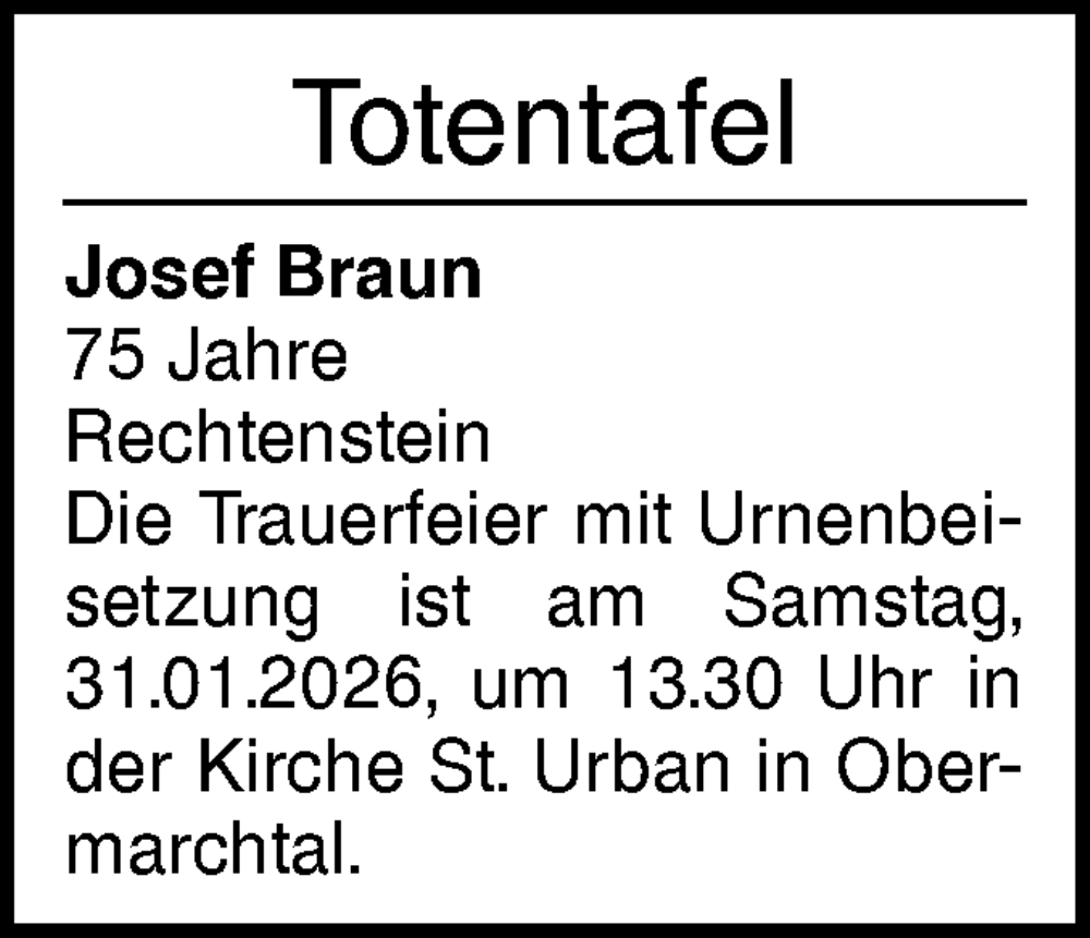  Traueranzeige für Totentafel vom 26.01.2026 vom 26.01.2026 aus Ehinger Tagblatt