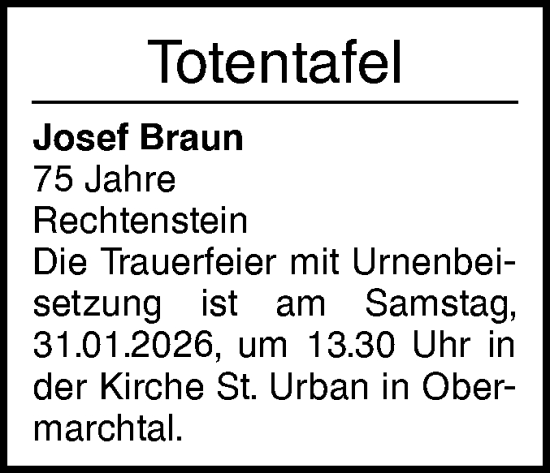 Traueranzeige von Totentafel vom 26.01.2026 von Ehinger Tagblatt