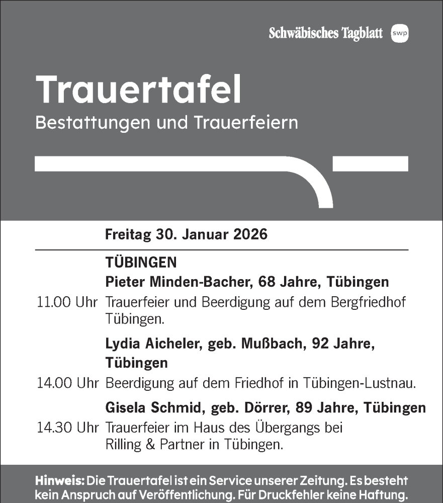  Traueranzeige für Totentafel vom 30.01.2026 vom 30.01.2026 aus Schwäbische Tagblatt