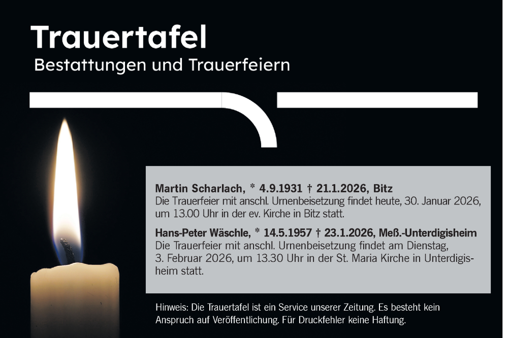  Traueranzeige für Totentafel vom 30.01.2026 vom 30.01.2026 aus SÜDWEST PRESSE Zollernalbkreis
