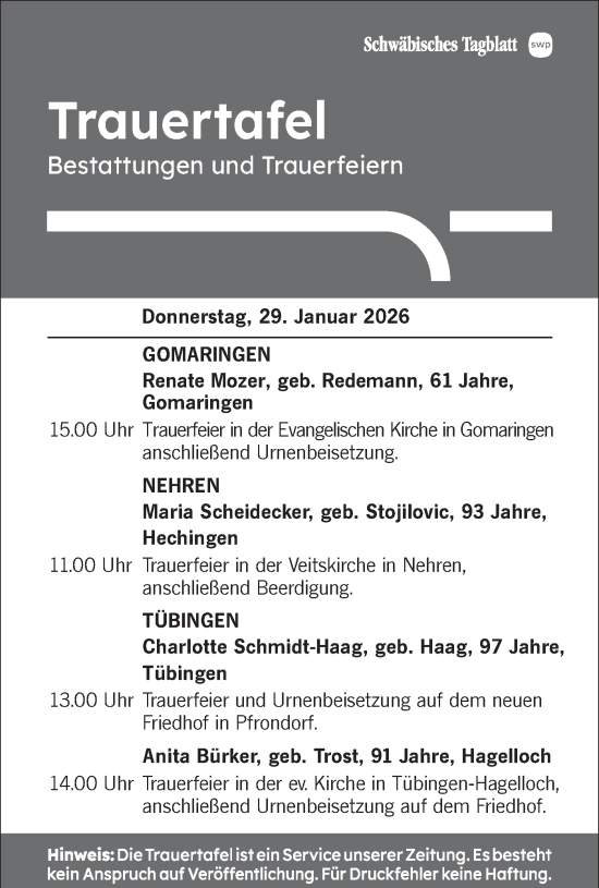Traueranzeige von Trauertafel vom 29.01.2026 von Schwäbische Tagblatt
