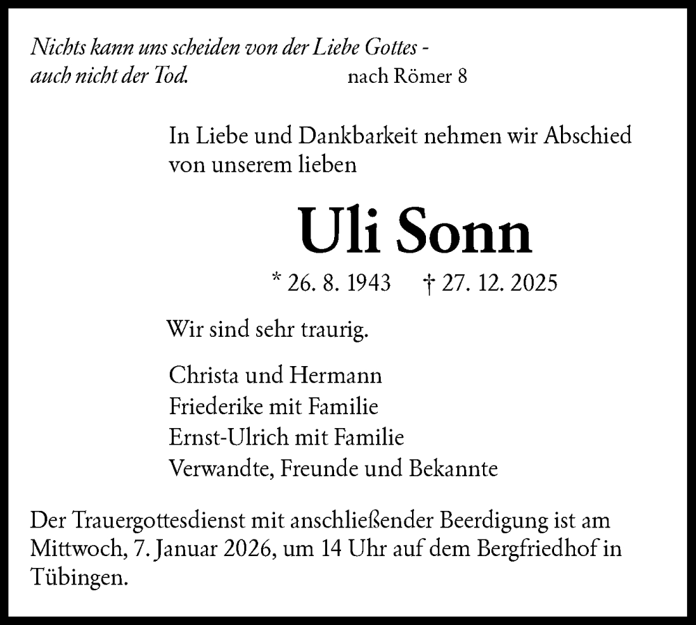  Traueranzeige für Uli Sonn vom 02.01.2026 aus Schwäbische Tagblatt