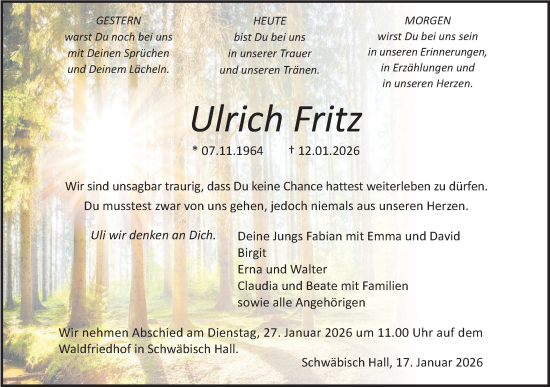 Traueranzeige von Ulrich Fritz von Haller Tagblatt