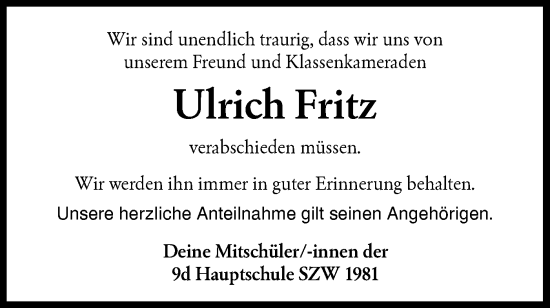 Traueranzeige von Ulrich Fritz von Haller Tagblatt