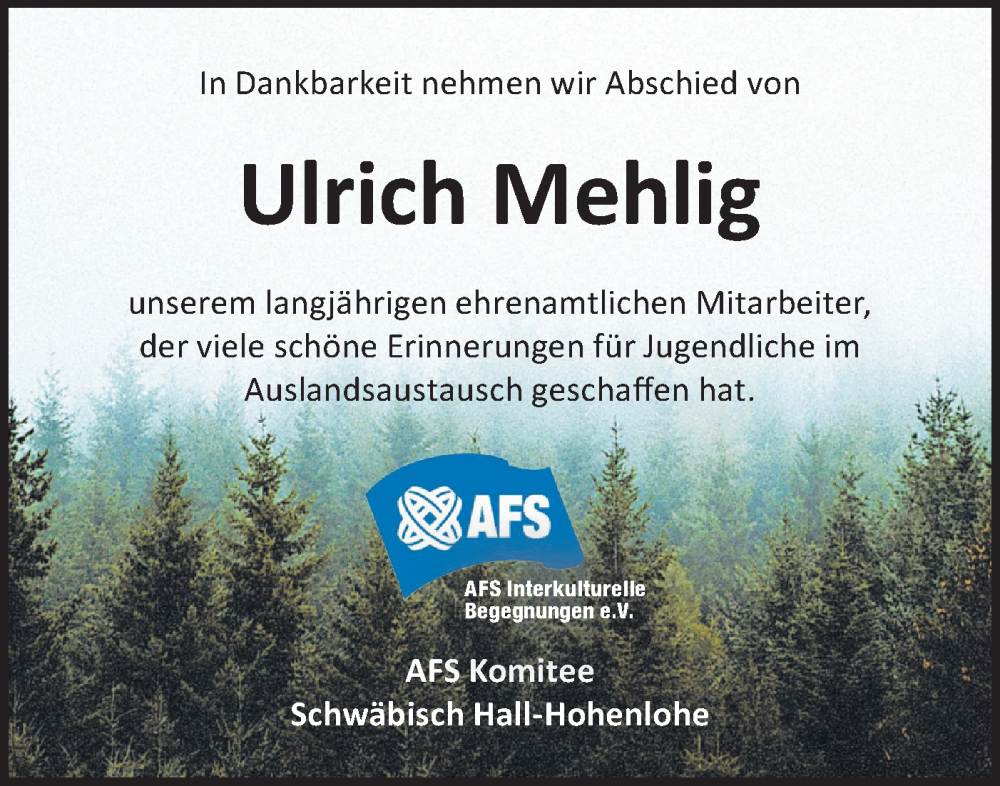  Traueranzeige für Ulrich Mehlig vom 28.01.2026 aus Haller Tagblatt