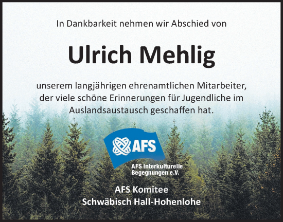 Traueranzeige von Ulrich Mehlig von Haller Tagblatt