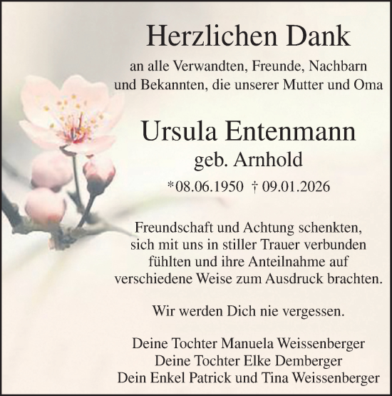 Traueranzeige von Ursula Entenmann von SÜDWEST PRESSE Zollernalbkreis