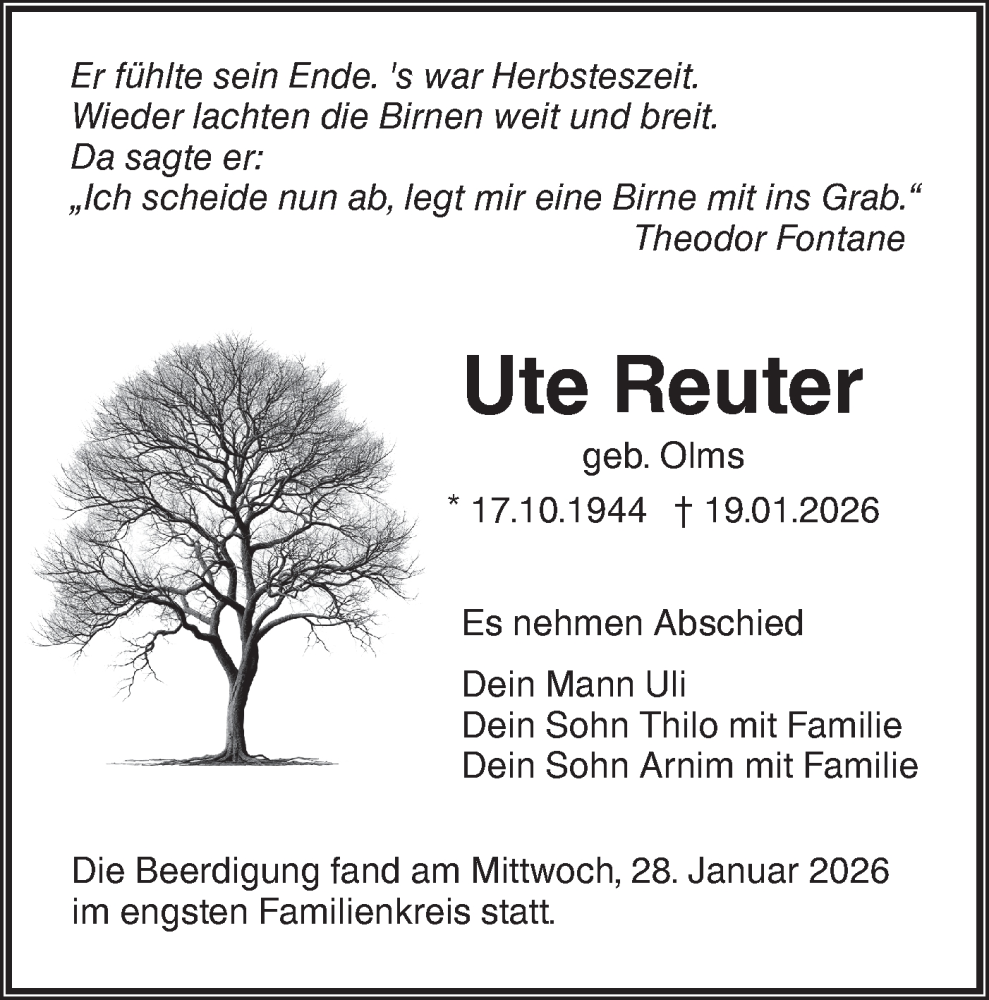  Traueranzeige für Ute Reuter vom 31.01.2026 aus SÜDWEST PRESSE Ausgabe Ulm/Neu-Ulm/Ehingen