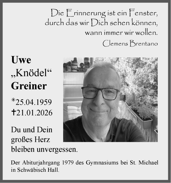 Traueranzeige von Uwe Greiner von Haller Tagblatt