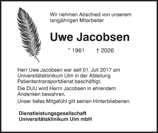 Traueranzeige von Uwe Jacobsen von SÜDWEST PRESSE Ausgabe Ulm/Neu-Ulm/Ehingen
