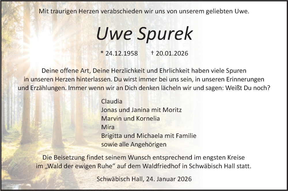  Traueranzeige für Uwe Spurek vom 24.01.2026 aus Haller Tagblatt