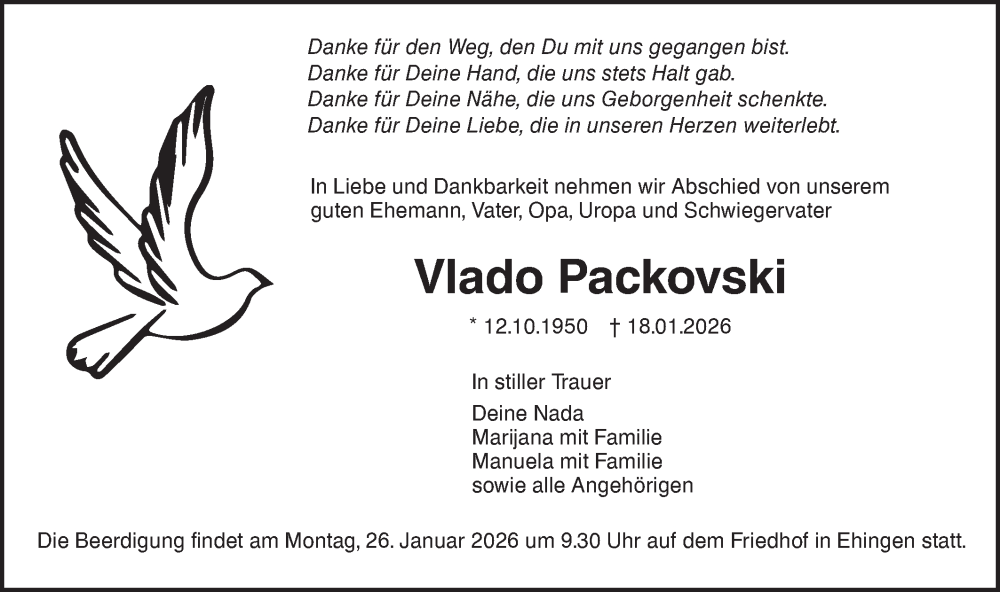  Traueranzeige für Vlado Packovski vom 21.01.2026 aus Ehinger Tagblatt