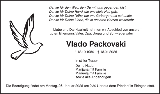 Traueranzeige von Vlado Packovski von Ehinger Tagblatt