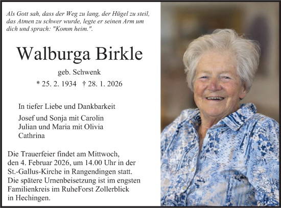 Traueranzeige von Walburga Birkle von SÜDWEST PRESSE Zollernalbkreis