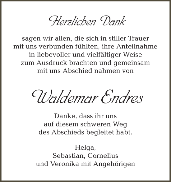 Traueranzeige von Waldemar Endres von SÜDWEST PRESSE Ausgabe Ulm/Neu-Ulm/Ehingen