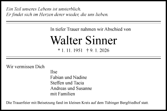 Traueranzeige von Walter Sinner von Schwäbische Tagblatt