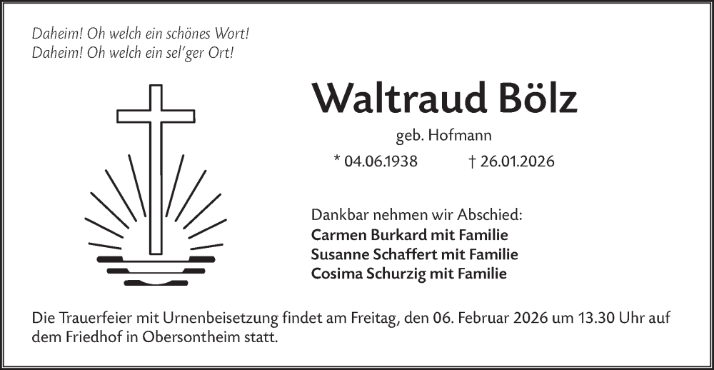  Traueranzeige für Waltraud Bölz vom 30.01.2026 aus Haller Tagblatt