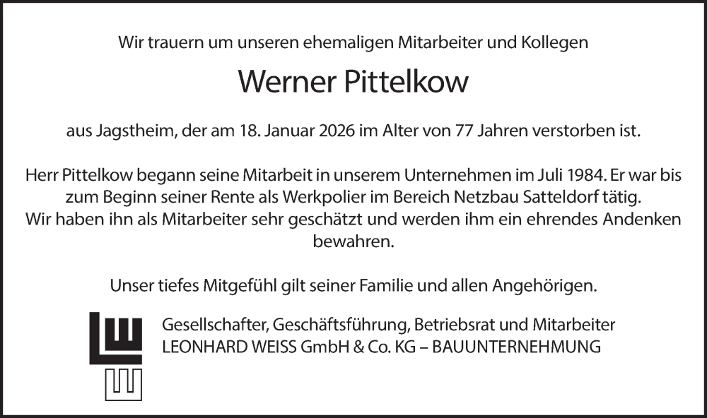  Traueranzeige für Werner Pittelkow vom 23.01.2026 aus Hohenloher Tagblatt