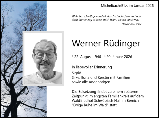 Traueranzeige von Werner Rüdinger von Haller Tagblatt