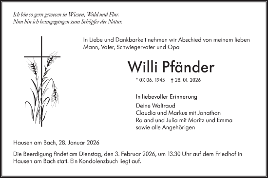 Traueranzeige von Willi Pfänder von Hohenloher Tagblatt