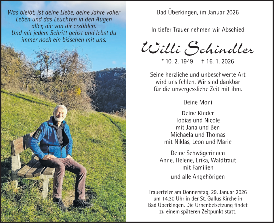 Traueranzeige von Willi Schindler von Geislinger Zeitung