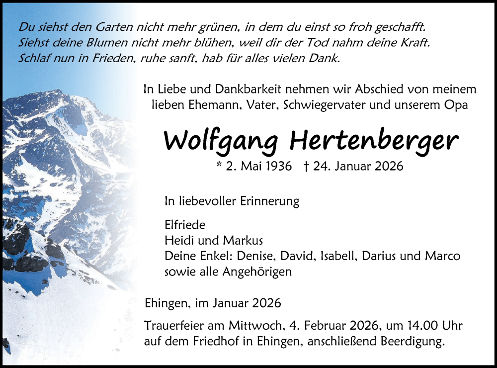 Traueranzeige für Wolfgang Hertenberger vom 31.01.2026 aus Ehinger Tagblatt