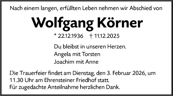 Traueranzeige von Wolfgang Körner von SÜDWEST PRESSE Ausgabe Ulm/Neu-Ulm