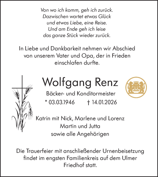 Traueranzeige von Wolfgang Renz von SÜDWEST PRESSE Ausgabe Ulm/Neu-Ulm