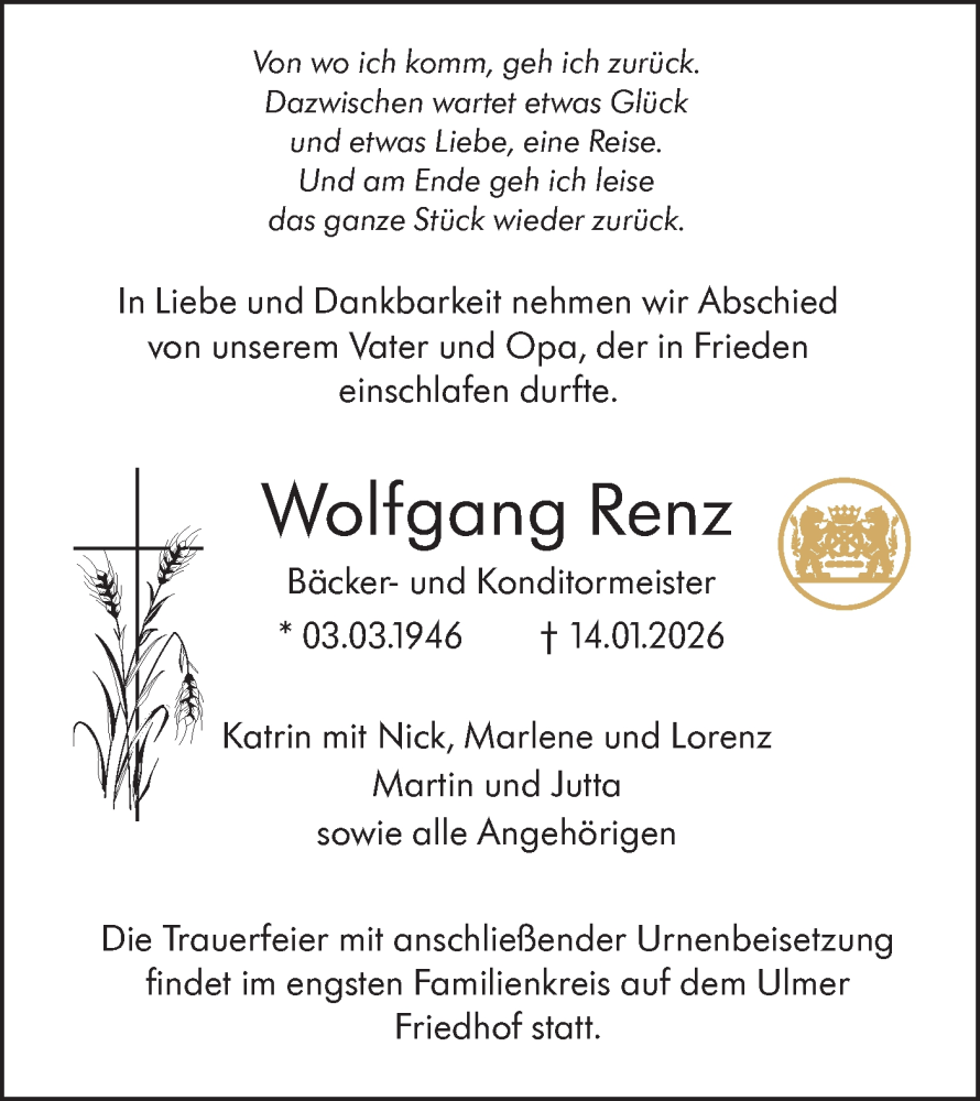  Traueranzeige für Wolfgang Renz vom 24.01.2026 aus SÜDWEST PRESSE Ausgabe Ulm/Neu-Ulm