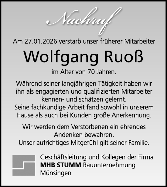 Traueranzeige von Wolfgang Ruoß von Alb-Bote/Metzinger-Uracher Volksblatt