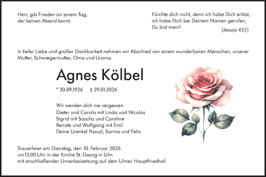 Traueranzeige von Agnes Kölbel von SÜDWEST PRESSE Ausgabe Ulm/Neu-Ulm/Ehingen