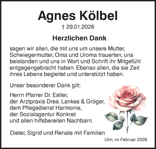 Traueranzeige von Agnes Kölbel von SÜDWEST PRESSE Ausgabe Ulm/Neu-Ulm/Ehingen