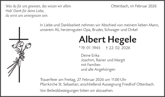 Traueranzeige von Albert Hegele von NWZ Neue Württembergische Zeitung