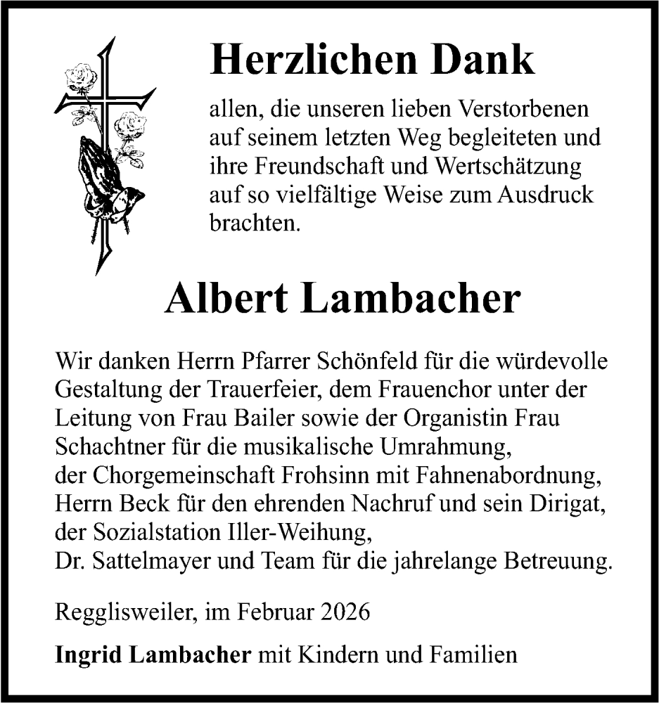  Traueranzeige für Albert Lambacher vom 11.02.2026 aus SÜDWEST PRESSE Ausgabe Ulm/Neu-Ulm/Ehingen