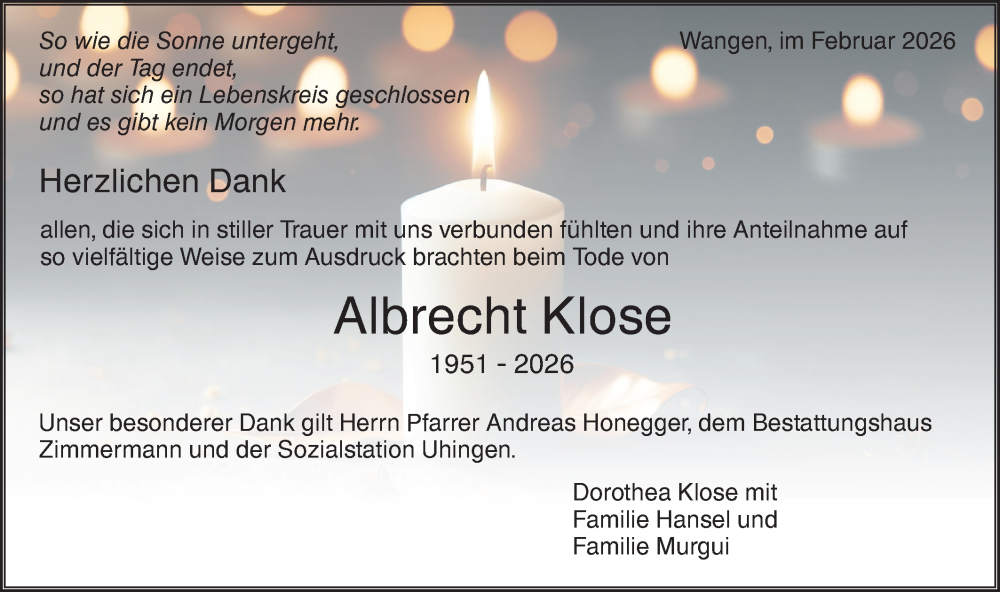  Traueranzeige für Albrecht Klose vom 14.02.2026 aus NWZ Neue Württembergische Zeitung
