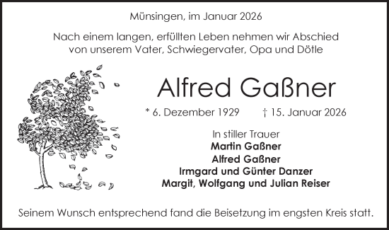 Traueranzeige von Alfred Gaßner von Alb-Bote/Metzinger-Uracher Volksblatt