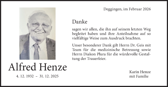 Traueranzeige von Alfred Henze von Geislinger Zeitung