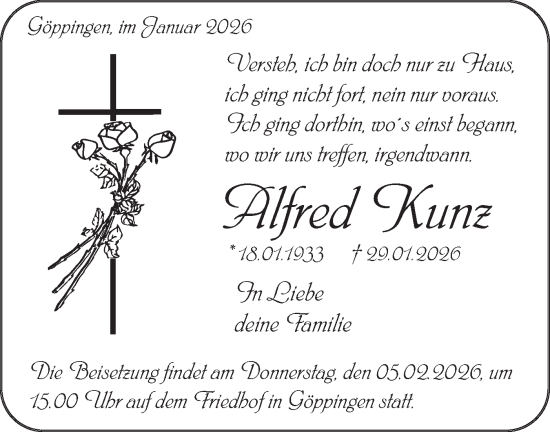 Traueranzeige von Alfred Kunz von NWZ Neue Württembergische Zeitung