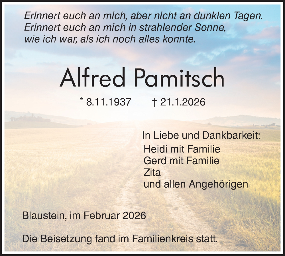  Traueranzeige für Alfred Pamitsch vom 14.02.2026 aus SÜDWEST PRESSE Ausgabe Ulm/Neu-Ulm/Ehingen