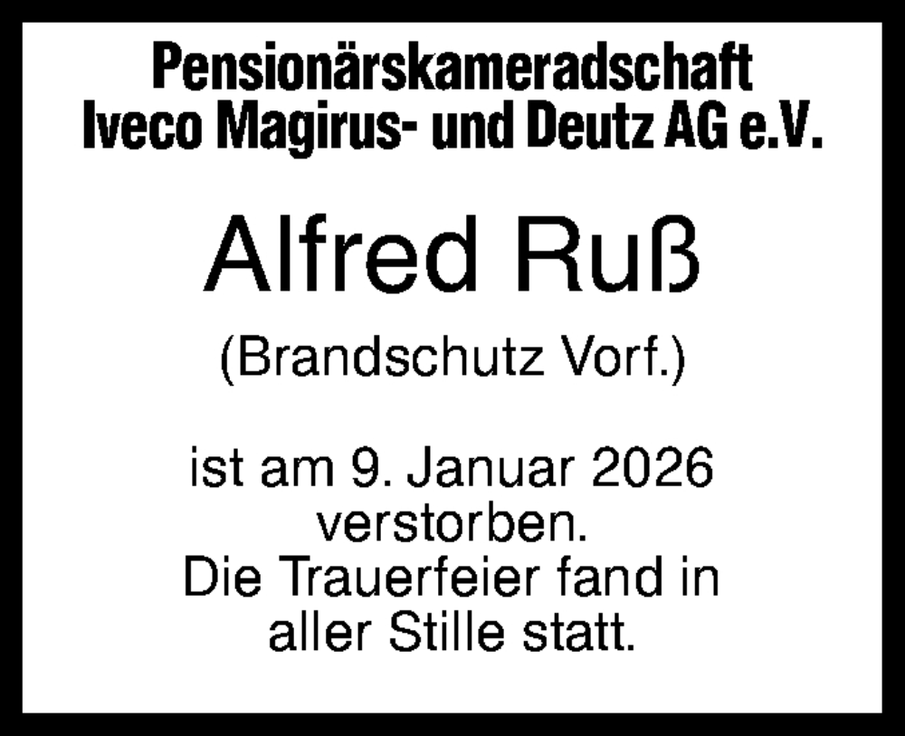  Traueranzeige für Alfred Ruß vom 18.02.2026 aus SÜDWEST PRESSE Ausgabe Ulm/Neu-Ulm/Ehingen