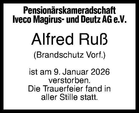 Traueranzeige von Alfred Ruß von SÜDWEST PRESSE Ausgabe Ulm/Neu-Ulm/Ehingen